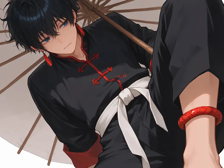 One male, short hair, messy hair, black hair, tired eyes, lazy look, blue eyes, red chinese lantern earrings, traditional martial artist uniform, black uniform, chinese lucky bracelets, red bracelets, black traditional chinese pants, white martial belt, tr...
