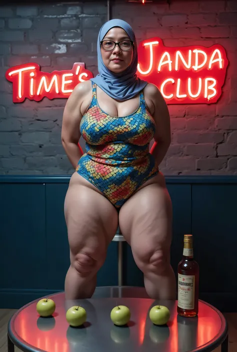 Front posing, SKINNY SUPER OLD LADY, memakai kacamata rabun,  (Thighs and calves huge muscles), (((MOODY CRYING FACE EXPRESSION))), "Wearing Hijab perfectly",  wearing Scoop Neck Sleeveless Nude Red Bodysuits singlet swimsuit 'Fish scales print', (KEDUA BE...