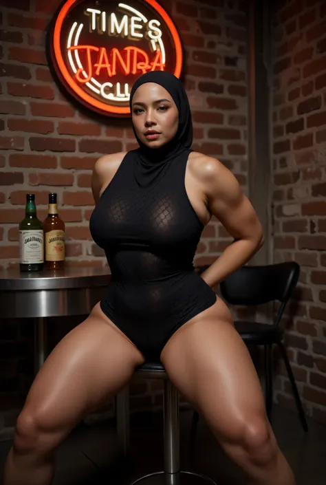 Elastic Garter Belt with Leg Straps, Front posing, SKINNY SUPER OLD LADY, memakai kacamata rabun,  (Thighs and calves huge muscles), (((MOODY CRYING FACE EXPRESSION))), "Wearing Hijab perfectly",  wearing Scoop Neck Sleeveless black Bodysuits singlet swims...