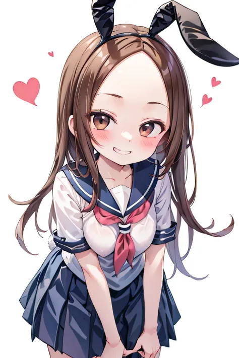 pov, front view,  facing forward, 1girl,  close up face:1.3, aatakagi, center part hair, looking up at the viewer:1.1, tilted head, slightly big breasts squeezed together, v arms, leaning forward:1.1,  sailor uniform with short sleeve, pleated skirts, fake...