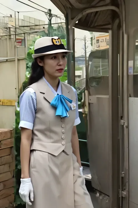 (masterpiece:1.2, Top quality:1.2), 32kHDR, high resolution, (solos、One girl on a rest day)、( Daytime building roof 、professional writing)、With the roof of the building in the background 、(JR WOMAN Train Crew Uniform Beige Real Style)、((JR Women Train Cre...
