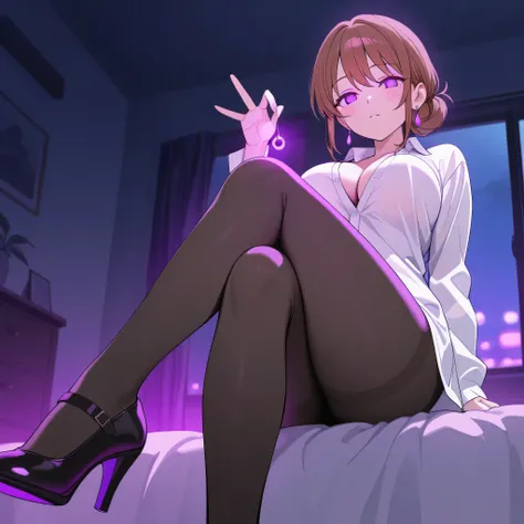 score_9, score_8_up, score_7_up, 1girl, solo, (top quality, 8k), high resolution, smooth, best quality, highly detailed, looking at viewer, bedroom at night, window with purple light, (dark room), ((from below)), large breasts, covered breasts, glowing hyp...