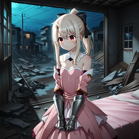 masterpiece, best quality, amazing quality,  in house, s1ums, indoors, in bedroom, on broken bed, rubble, dirty, boarded up windows, torn couch, broken furniture, night, night time, buildings, power lines, urban, rubble, 1girl, aaillya, long hair, blonde h...