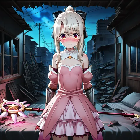 masterpiece, best quality, amazing quality, s1ums, indoors, in bedroom, small room, on broken bed, rubble, dirty, boarded up windows, broken furniture, night, night time, buildings, power lines, urban, rubble, 1girl, solo, aaillya, long hair, blonde hair, ...