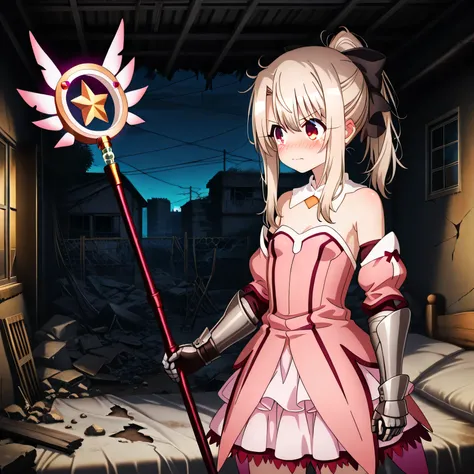 masterpiece, best quality, amazing quality, s1ums, indoors, in bedroom, small room, on broken bed, rubble, dirty, boarded up windows, broken furniture, night, night time, buildings, power lines, urban, rubble, 1girl, solo, aaillya, long hair, blonde hair, ...