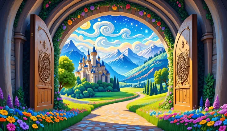 View from inside the frame of a traditional door to a wonderful fantasy kingdom, with castle and hills