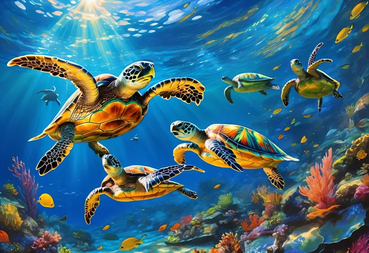 Paintings of Turtles and Other Animals Swimming in the Ocean, Masterpiece Underwater Scene , by David B. Mattingly, Transformation scene - h 768 , jim warren, 8k h- 640, Incredible Depths, Three Quarter View, Amazing depth, great atuin, Sea Turtle, Thom...