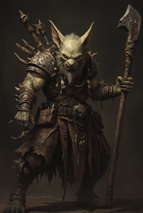 (kobold, detailed fantasy kobold creature, mischievous expression, sharp teeth, glowing eyes, pointed ears, weathered leather armor, wielding rusty dagger), anthr0dnd, Gul'dan, dark fantasy character, detailed full-body character concept art, minimalist de...