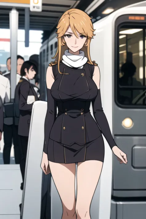  will you have yellow hair,uniform ,white scarf，mini skirt,nice smile,Faces are very important,Brown Straight Long Hair，Big breastsをさらにBig breastsに描いて下さい，mini skirt，,，nice smile，Can you draw a woman looking at a train，draw a woman waiting in front of the c...
