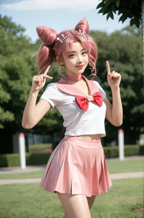 solo, outdoors, smile, pose, hand up, pointing at viewer,    1girl, pink hair, twintails, cone hair bun, double bun, red eyes, earrings, hair ornament, tiara, red bow, heart brooch, back bow, bow, brooch, choker, elbow gloves, heart choker, magical girl, m...