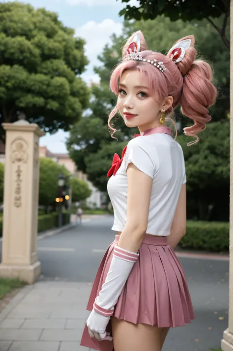 solo, outdoors, smile, pose, hand up, pointing at viewer,    1girl, pink hair, twintails, cone hair bun, double bun, red eyes, earrings, hair ornament, tiara, red bow, heart brooch, back bow, bow, brooch, choker, elbow gloves, heart choker, magical girl, m...