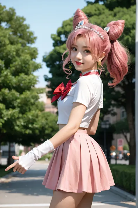 solo, outdoors, smile, pose, hand up, pointing at viewer,    1girl, pink hair, twintails, cone hair bun, double bun, red eyes, earrings, hair ornament, tiara, red bow, heart brooch, back bow, bow, brooch, choker, elbow gloves, heart choker, magical girl, m...