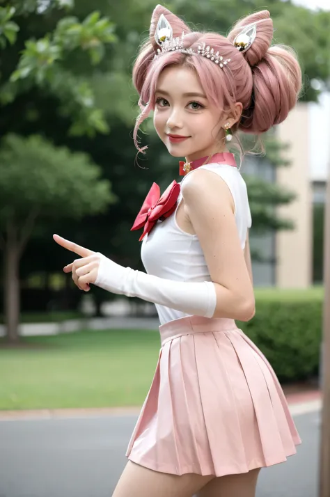 solo, outdoors, smile, pose, hand up, pointing at viewer,    1girl, pink hair, twintails, cone hair bun, double bun, red eyes, earrings, hair ornament, tiara, red bow, heart brooch, back bow, bow, brooch, choker, elbow gloves, heart choker, magical girl, m...