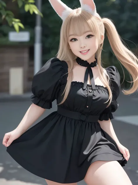 Top quality、highest resolution、Super Detailed、hyperrealism、Great Highlights、real pictures of blond hair、 Features a sexy woman with black rabbit ears、Neat black hair 、Middle Twin Tail、circle、cute、lips、Laughter 、 bunny cosplay、Dress、Chubby Glowing Thighs、Ab...
