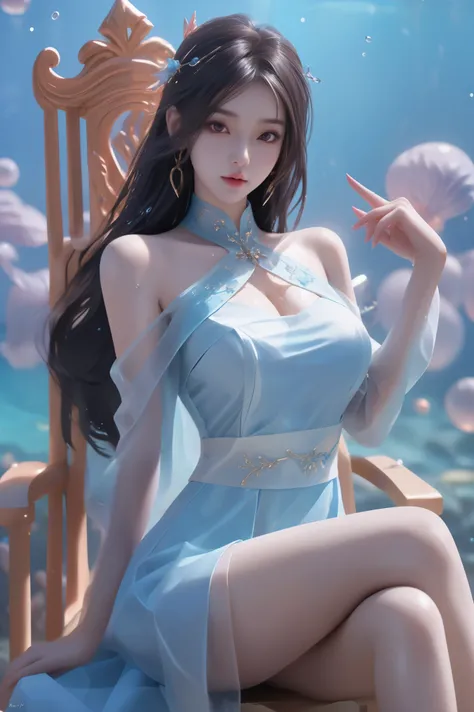 1girl, beautiful, doll-like face, asian-european mix, long dark hair, wearing sexy blue aodai, off-shoulder, intricate design, intricate details, SEE-THROUGH, very revealing, bare minimum, no panties, big breasts, wet, head accessories, jewelry, laces, sit...