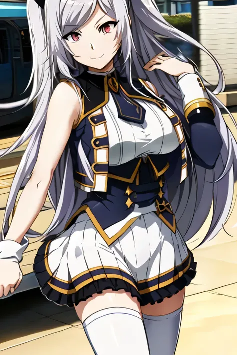 nice smileの女性は描けますか， Military uniform ，silver hair,Twin tail hair，nice smile，Big breastsでもウエストが細い，mini skirt,The face is very important,Can you draw a woman staring at a train，Please draw a picture of a woman waiting in front of a car，東京の地下鉄ホームでwaiting for...
