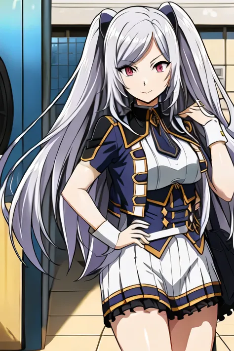 nice smileの女性は描けますか， Military uniform ，silver hair,Twin tail hair，nice smile，Big breastsでもウエストが細い，mini skirt,The face is very important,Can you draw a woman staring at a train，Please draw a picture of a woman waiting in front of a car，東京の地下鉄ホームでwaiting for...
