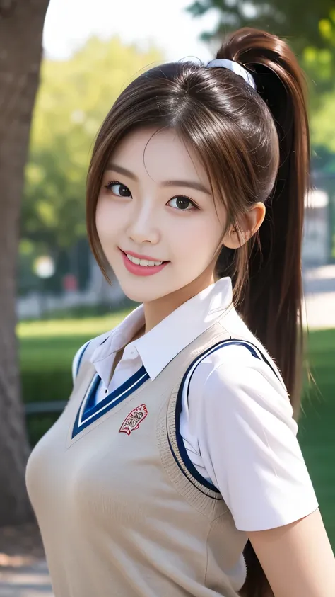 upper body closeup photo　anatomically correct 5 fingers　 beautiful Korean woman in front of the machine (((ponytail)))　pleated skirt, lace trim, big ,Student uniform,  short sleeve shirt　Sweater Vest　looking at camera　In the shade of a park　cute charming s...