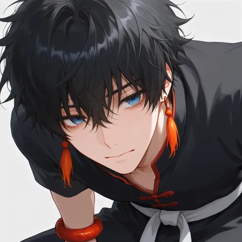 One male, short hair, messy hair, black hair, tired eyes, lazy look, blue eyes, red chinese lantern earrings, traditional martial artist uniform, black uniform, chinese lucky bracelets, red bracelets, black traditional chinese pants, white martial belt, bu...