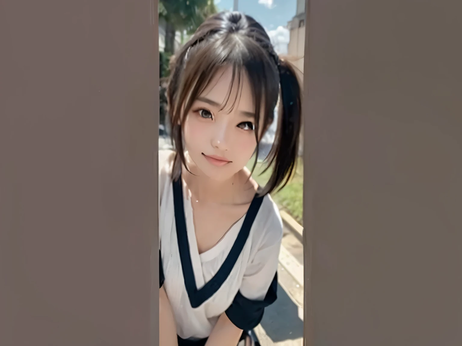 outdoor, , Idol, 2 Girls, Japanese, middle , , sparkling eyes, hairless body , big , Attention to detail, 最high quality, high resolution,  ponytail,  Camisole, , upper body, face close-up, transparent, ,mini skirt,, anatomically anatomically, textured skin...