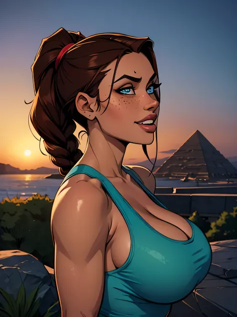 ( Absurdo, hd , Ultra detalhado, be careful with your hand ) Close tank top of a thin and athletic woman ((Lara Croft)), 25 anos, 8k (( high definition )), SORRISO MISTERIOSO, olhar sedutor, olhos castanhos, wearing a teal (( com decote em V, sem mangas )...