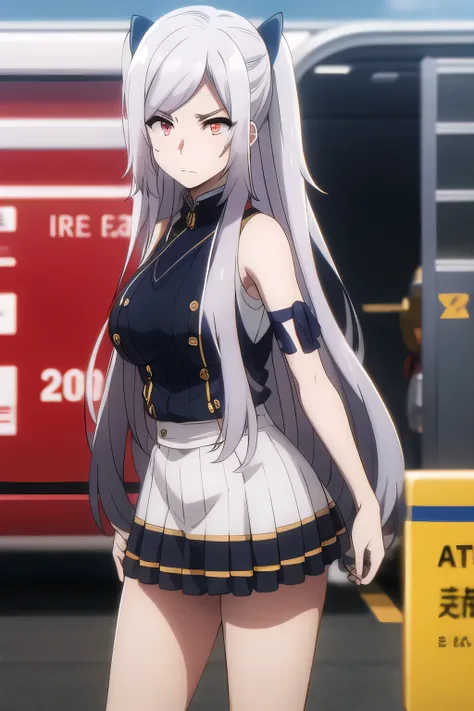  Military uniform ，silver hair,Twin tail hair，nice smile，Big breastsでもウエストが細い，mini skirt,The face is very important,Can you draw a woman staring at a train，Please draw a picture of a woman waiting in front of a car，東京の地下鉄ホームでwaiting for the train女性は描けますか， ...