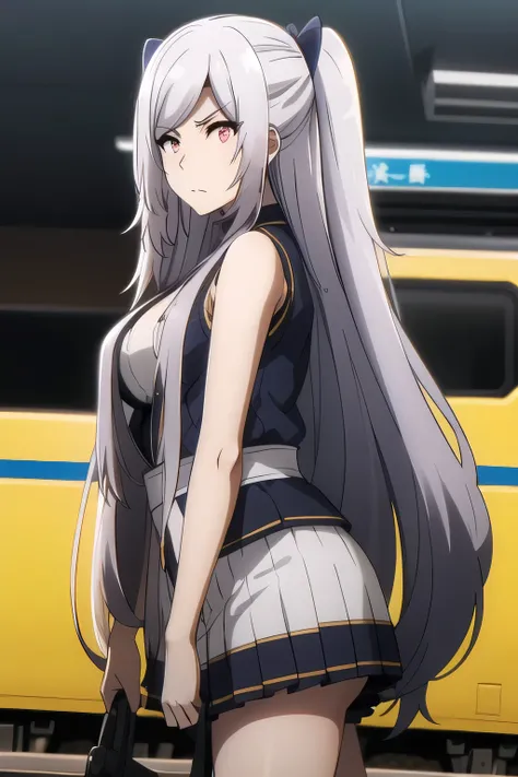 Military uniform ，silver hair,Twin tail hair，nice smile，Big breastsでもウエストが細い，mini skirt,The face is very important,Can you draw a woman staring at a train，Please draw a picture of a woman waiting in front of a car，東京の地下鉄ホームでwaiting for the train女性は描けますか， ...