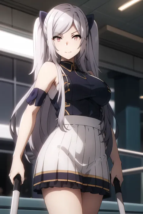 こちらを向いて微笑んでいるnice smileの女性は描けますか， Military uniform ，silver hair,Twin tail hair，nice smile，Big breastsでもウエストが細い，mini skirt,The face is very important,Can you draw a woman staring at a train，Please draw a picture of a woman waiting in front of a car，東京の地下鉄ホー...