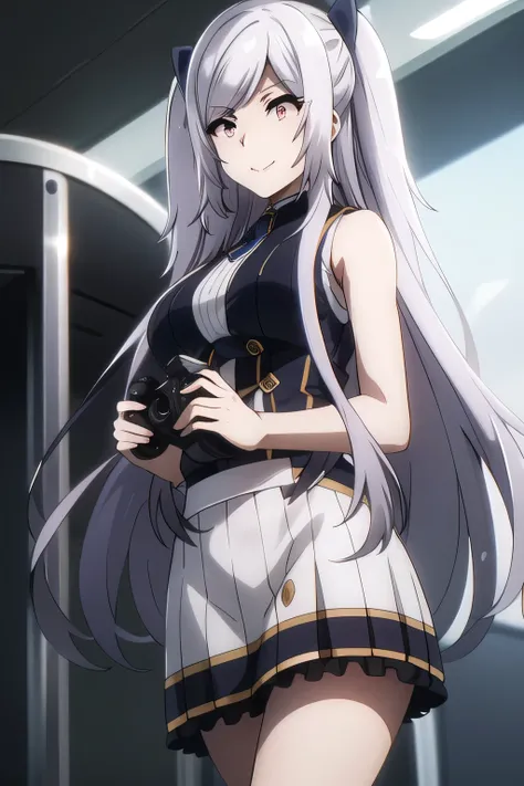 こちらを向いて微笑んでいるnice smileの女性は描けますか， Military uniform ，silver hair,Twin tail hair，nice smile，Big breastsでもウエストが細い，mini skirt,The face is very important,Can you draw a woman staring at a train，Please draw a picture of a woman waiting in front of a car，東京の地下鉄ホー...