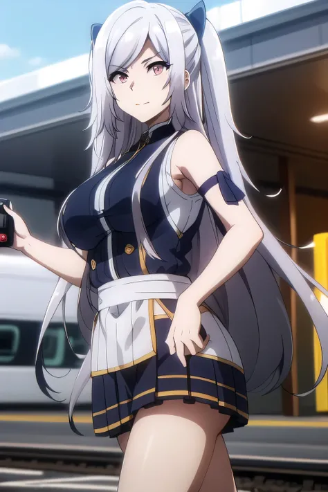 こちらを向いて微笑んでいるnice smileの女性は描けますか， Military uniform ，silver hair,Twin tail hair，nice smile，Big breastsでもウエストが細い，mini skirt,The face is very important,Can you draw a woman staring at a train，Please draw a picture of a woman waiting in front of a car，東京の地下鉄ホー...