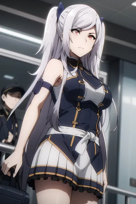 こちらを向いて微笑んでいるnice smileの女性は描けますか， Military uniform ，silver hair,Twin tail hair，nice smile，Big breastsでもウエストが細い，mini skirt,The face is very important,Can you draw a woman staring at a train，Please draw a picture of a woman waiting in front of a car，東京の地下鉄ホー...