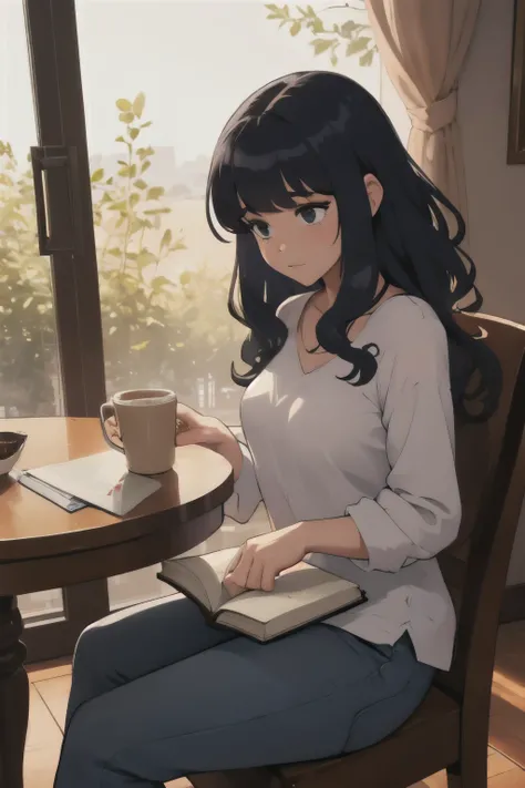 The girl is reading a book, girl is inside the house, Girl is sitting, girl wears trapezoid dress and wears jeans, Girl has hair micro bangs (loiro escuro) 2c defined waves, on the screen shows girl is reading a book, left coffee I grew up intimate on the ...