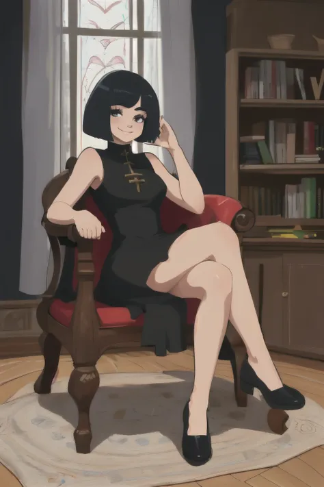 The girl is sitting in the chair, girl is inside the house, menina olhar tela, girl sitting in the chair with closed legs, on the screen shows a girl is sitting in the chair and showing her body, girl wears a tent dress out of her leg, cabelo bob cut (cast...