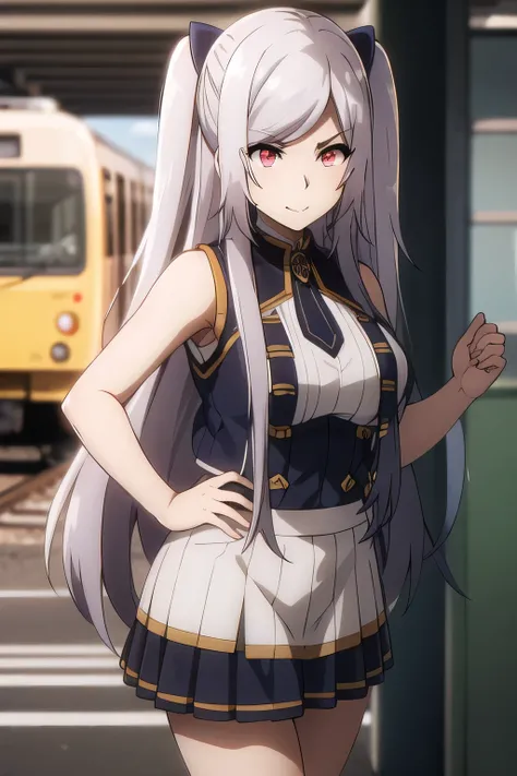 こちらを向いて微笑んでいるnice smileの女性は描けますか, Military uniform ,silver hair,Twin tail hair,nice smile,Big breastsでもウエストが細い,mini skirt,The face is very important,Can you draw a woman staring at a train,Please draw a picture of a woman waiting in front of a car,東京の地下鉄ホー...
