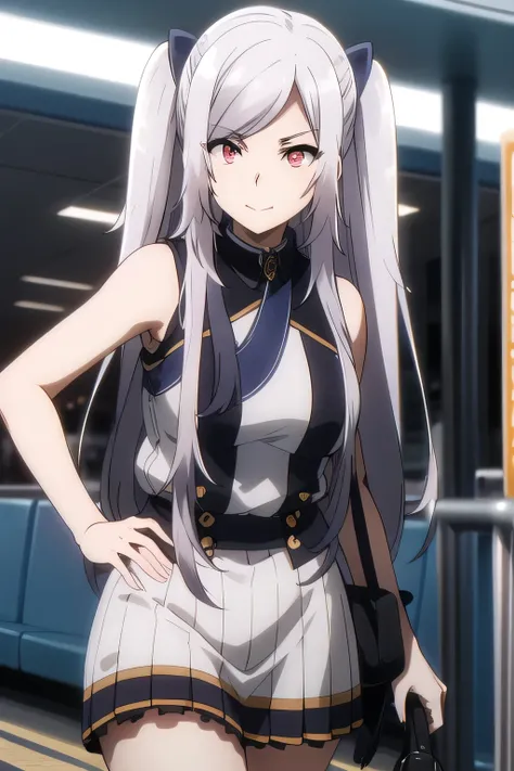 こちらを向いて微笑んでいるnice smileの女性は描けますか， Military uniform ，silver hair,Twin tail hair，nice smile，Big breastsでもウエストが細い，mini skirt,The face is very important,Can you draw a woman staring at a train，Please draw a picture of a woman waiting in front of a car，東京の地下鉄ホー...