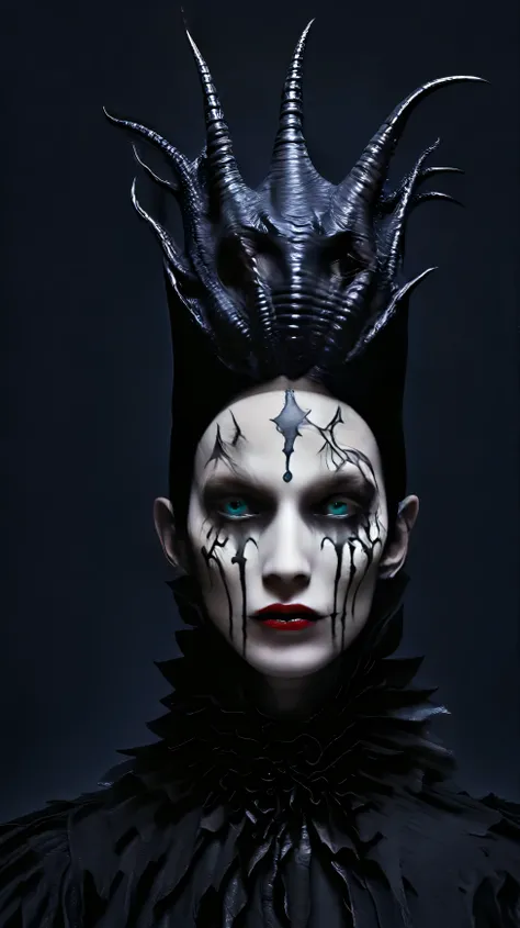 Tim Walker inspired, photography, trendy close up, Black background, leather extreme sinister fetish, surreal elements, creative storytelling, vibrant colors, (rostro detallado:1.05), hyperrealistic, Photorealistic. Gothic punk