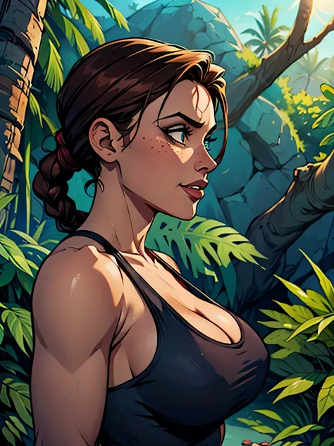 ( absurdo, hd , ultra detalhado, be careful with your hand ) Close to a thin and athletic woman ((lara croft)), 25 anos, 8k (( high definition )), sorriso misterioso, olhar sedutor, olhos castanhos, wearing a teal tank top (( com decote em V, sem mangas )...