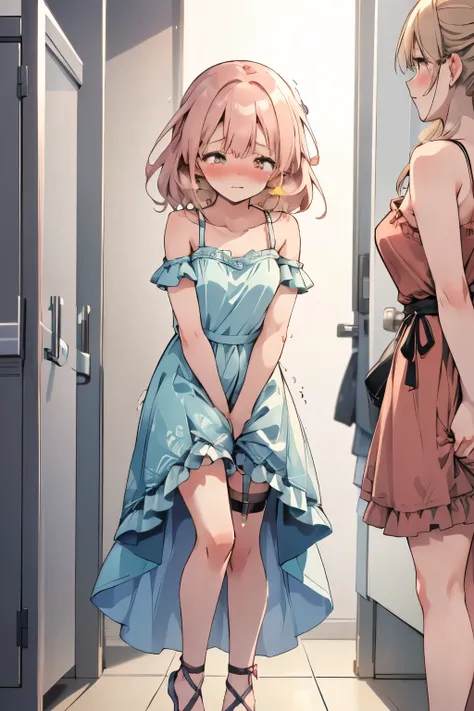 (SIGMA 200 mm F/1.8, 1/1000 sec shutter, award-winning photo), (beautiful medium breasts, shiny skin), (have to pee-pee:1.1), (Disheveled hair), (The expression of someone desperately trying to hold in her pee-pee:1.1), (She needs to pee-pee so badly:1.1),...