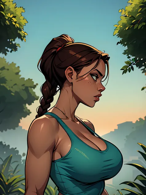( absurdo, hd , ultra detalhado, be careful with your hand ) Close to a thin and athletic woman ((lara croft)), 25 anos, 8k (( high definition )), semblante pensativo, olhar sedutor, olhos castanhos, wearing a teal tank top (( com decote em V, sem mangas ...