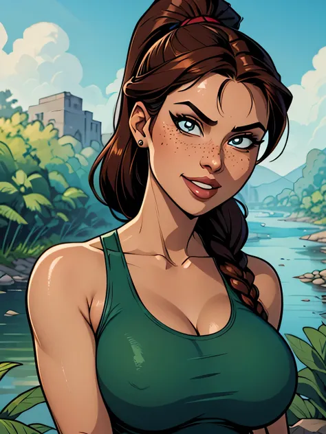 ( absurdo, hd , ultra detalhado, be careful with your hand ) Close to a thin and athletic woman ((lara croft)), 25 anos, 8k (( high definition )), sorriso misterioso, olhar sedutor, olhos castanhos, wearing a teal tank top (( com decote em V, sem mangas )...