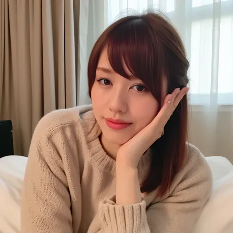looking at viewer,   (Lola：Fujii Yukiyo) (8K)（ponytail）（1 person，solo）（1 personの写真）（pink lipstick）（）（）（）（off shoulder sweater 1:2）（）（Hotel）（big beautiful breasts 1:2）（lying face down on bed）