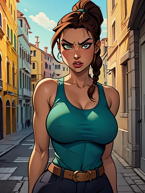 ( absurdo, hd , ultra detalhado, be careful with your hand ) Close to a thin and athletic woman ((lara croft)), 25 anos, 8k (( high definition )), semblante pensativo, olhar sedutor, olhos castanhos, wearing a teal tank top (( com decote em V, sem mangas ...