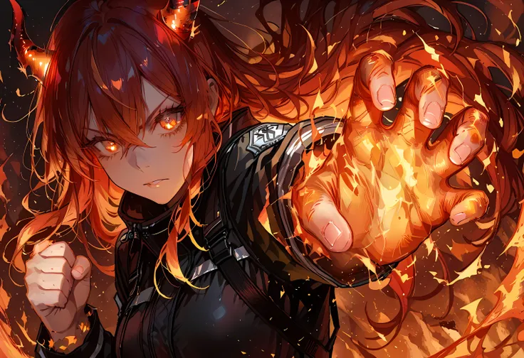 score_9, score_8_up, score_7_up, source_anime, 1girl, solo, flame hair, burning hair, red hair, long hair, fire horns, fire effect eyes, beautiful eyes, upper body, black jumpsuit, dynamic poze, close up shot hand, burning hand, fire hand, flame on arm, ha...