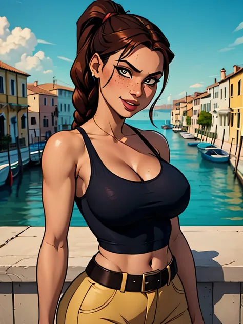 ( absurdo, hd , ultra detalhado, be careful with your hand ) Close-up of a thin and athletic woman ((lara croft)), 25 anos, 8k (( high definition )), sorriso misterioso, olhar sedutor, olhos castanhos, wearing a teal tank top (( com decote em V, sem mang...
