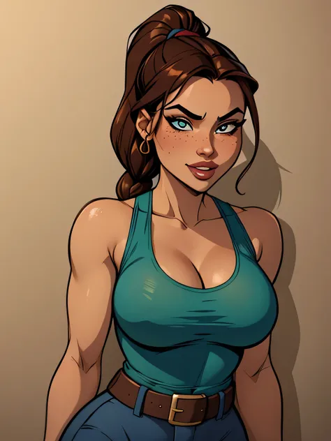 ( absurdo, hd , ultra detalhado, be careful with your hand ) Close-up of a thin and athletic woman ((lara croft)), 25 anos, 8k (( high definition )), sorriso misterioso, olhar sedutor, olhos castanhos, wearing a teal tank top (( com decote em V, sem mang...
