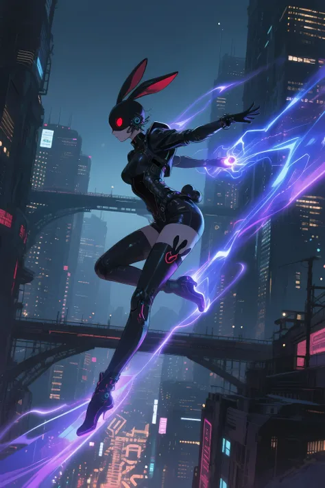Anime illustration, Cyberpunk world, Action pose, Mysterious character, Glowing effects.
A mysterious and agile **cyber-style female "phantom thief bunny"** is depicted soaring gracefully through the air, her **red eyes** fixated on a distant target. Her b...