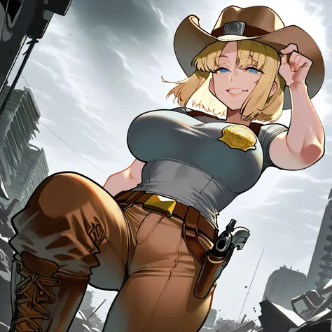 Mature woman, blonde, blue eyes, voluptuous body, large breasts, confident smile, gray t-shirt with the collar turned up, an attached police badge on the left breast, black cowboy pants, brown leather boots, a white baggy cowboy hat with a thin brown band ...