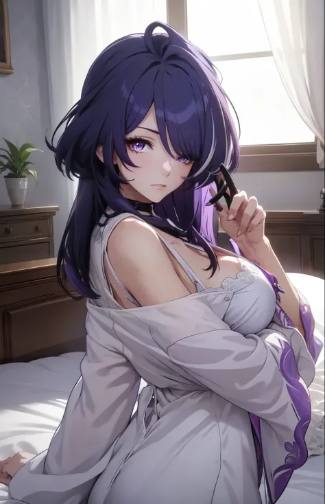Masterpiece, best quality, highly detailed, highres, 1 girl, long hair, purple hair, purple eyes, left side bangs hair covering eye, huge breast, white nightgown, white panties, bedroom background, lying on bed, looking at viewers, perfect finger shape, th...