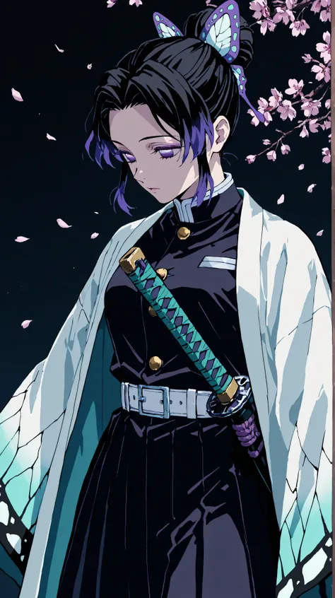 [one sword] [shinobu kocho haori] 8k HD, wallpaper, cinematic, anime illustration, dark theme, anime aesthetic, Semi close up, 1 girl, shinobu kocho, black hair with purple highlights, 1 ponytail bun with 1 butterfly ornament, 1 hair bun, standing pose, da...