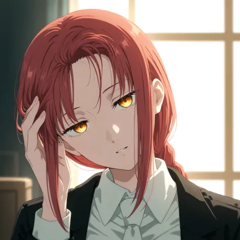 makima, attractive, beautiful, head tilt, hand on hair, showing forehead